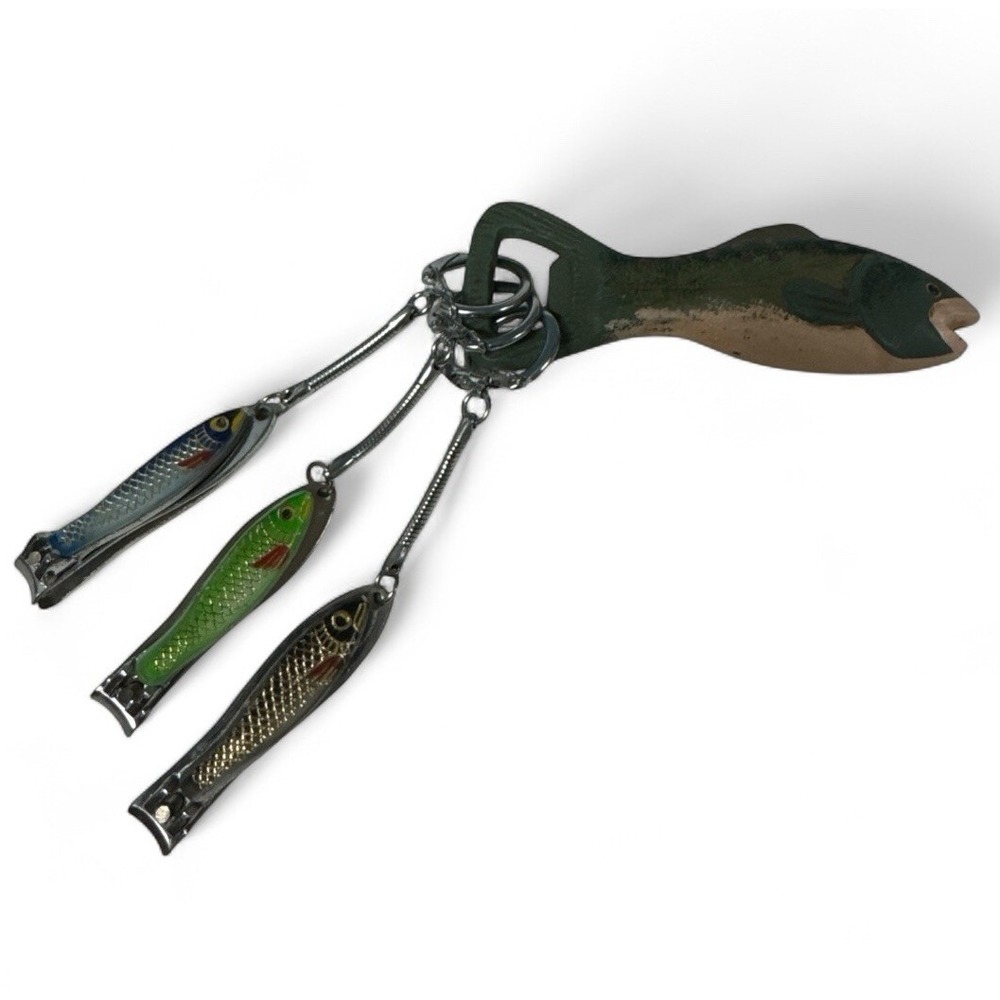 Vtg Bottle Opener Fish Shaped Cast Iron‎ Trout + 3 Nail Clipper Keychains